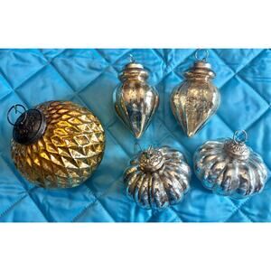Lot 5 Kugel Style Silver Glass Christmas Ornaments Antique- Heavy